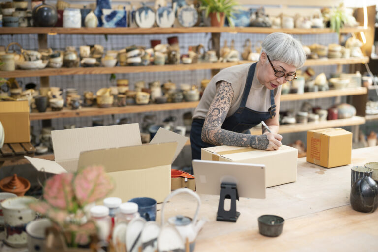 Senior business owner of Art and Craft product writting customer address on digital tablet into paper box in Art and Craft workshop, preparing to delivery to customer