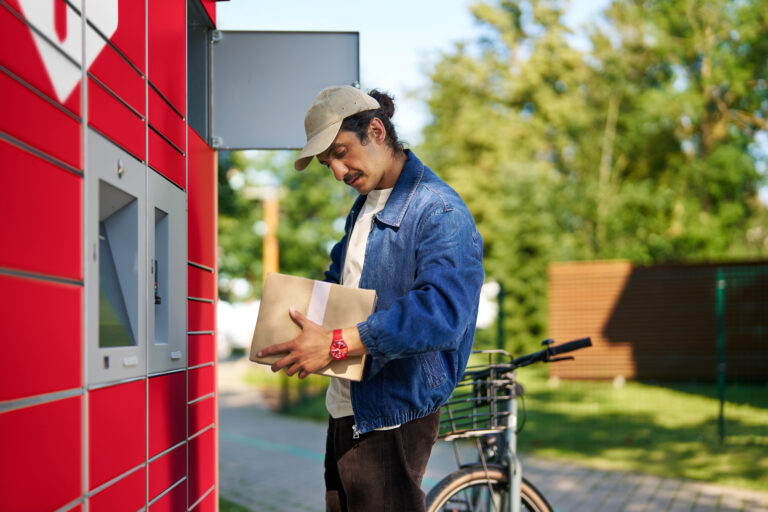 a man wearing a hat looking at a parcel outside locker unit